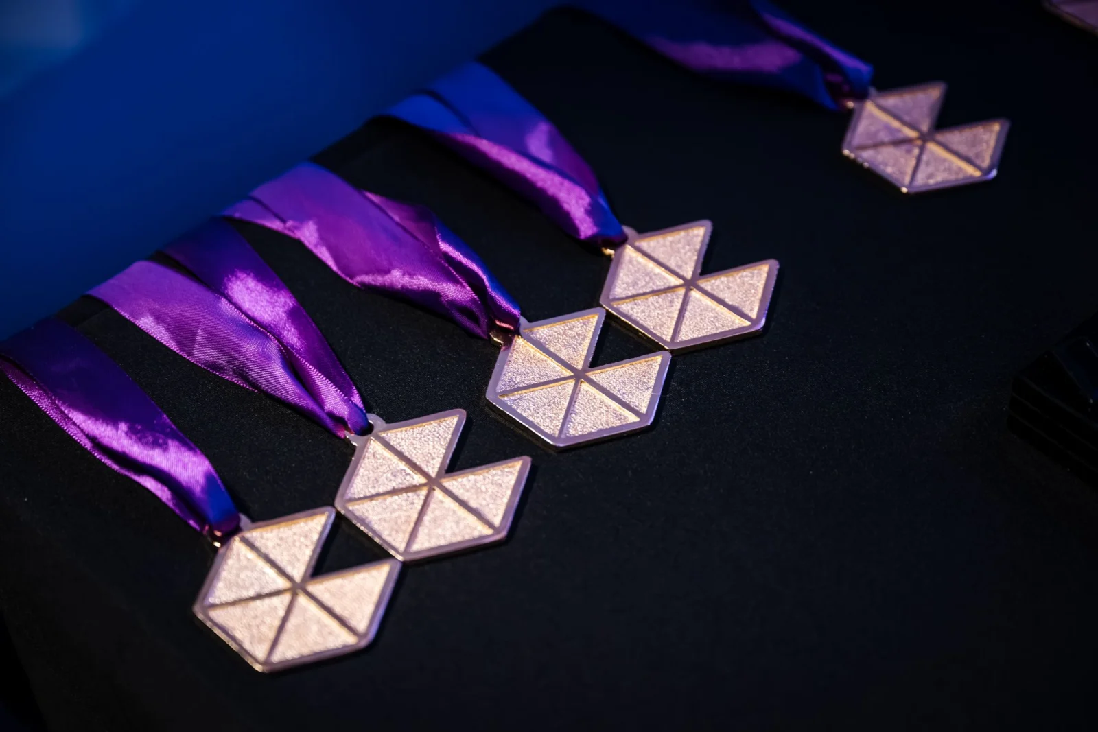 BBICC medals with purple ribbons laid out on a dark table